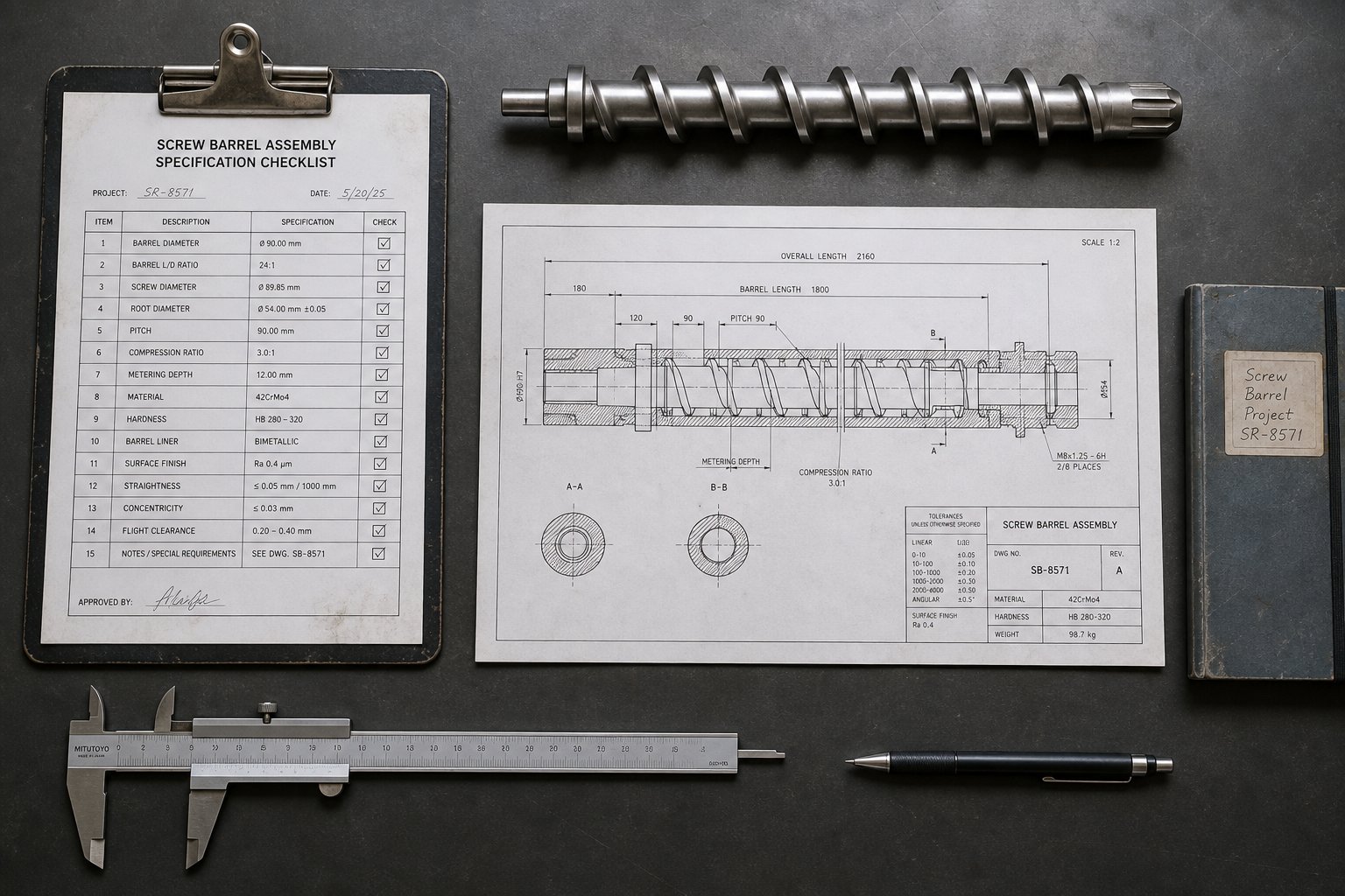 engineering specification workspace for planning a replacement injection screw barrel order