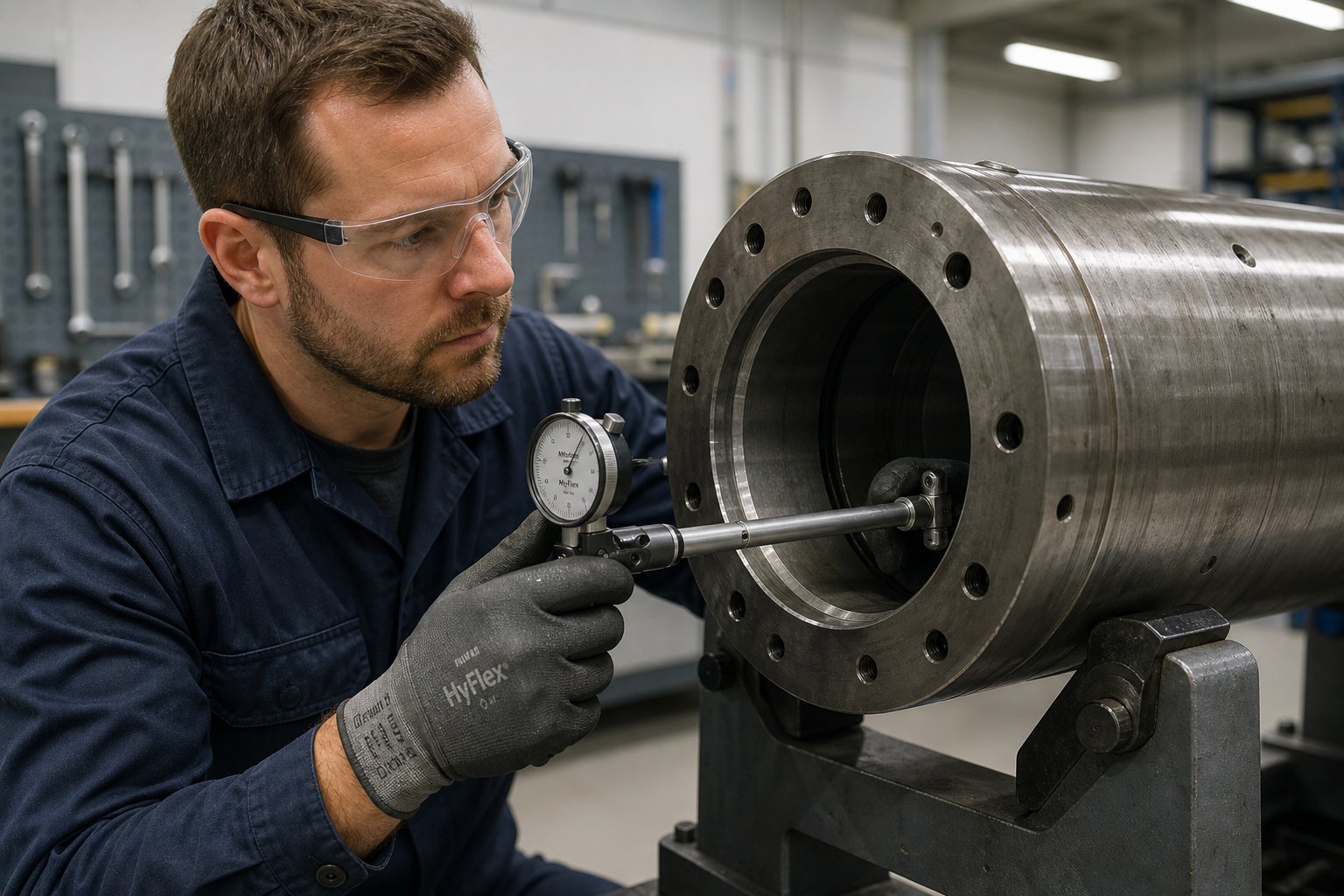 technician measuring barrel bore diameter with a dial bore gauge during scheduled wear inspection