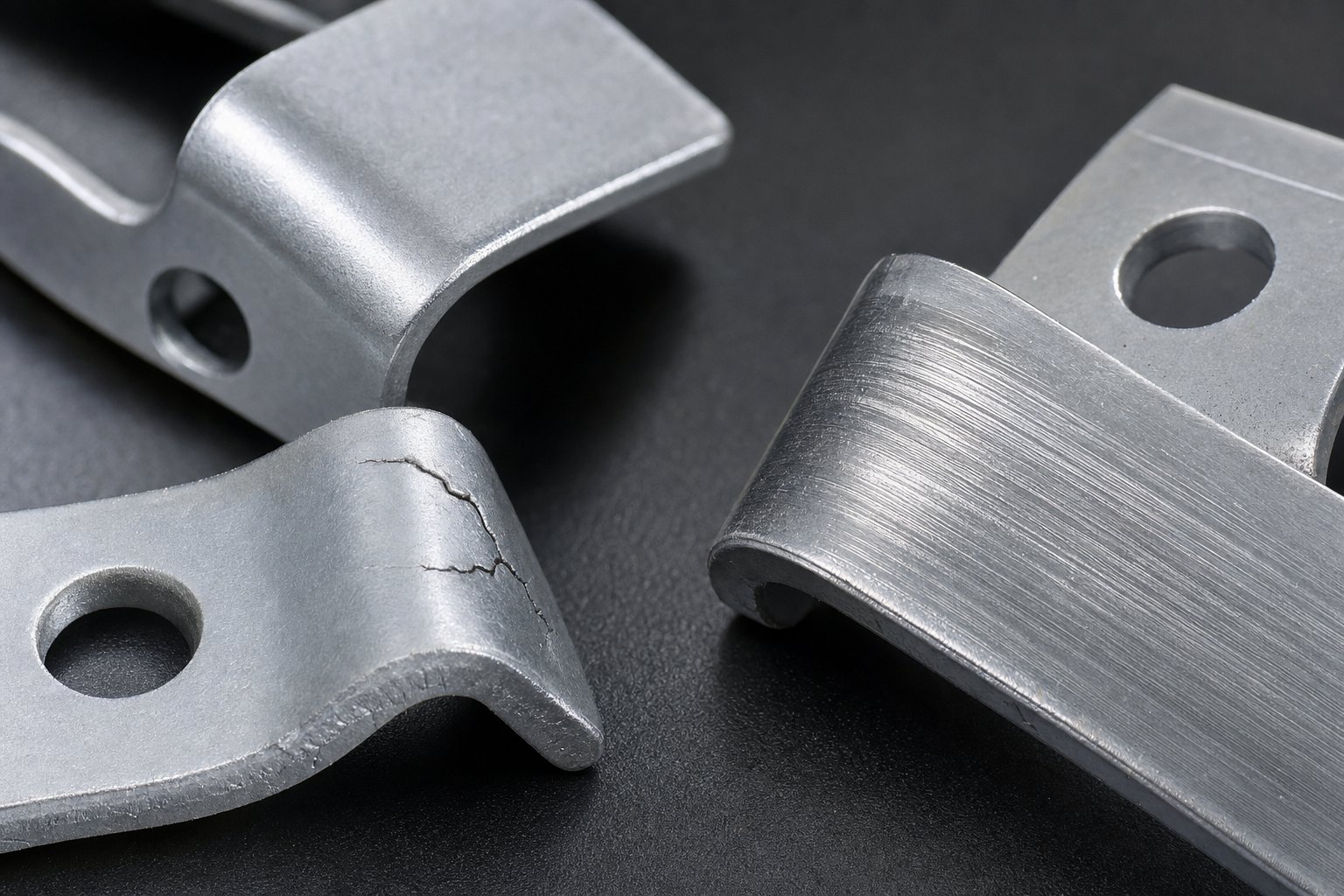 aluminum stamped parts under inspection showing common defects including bend cracking and surface galling marks