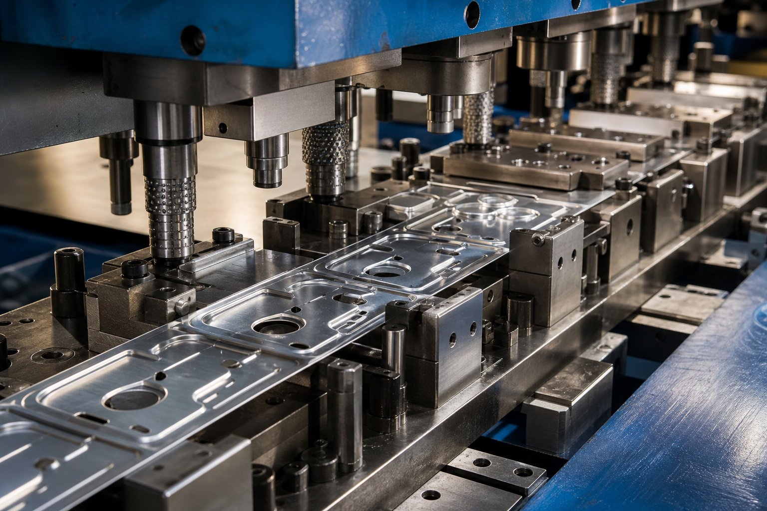 aluminum strip advancing through a multi station progressive die where each station performs a sequential forming operation