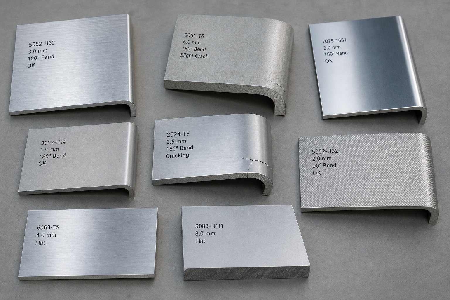 different aluminum alloy samples showing varying bend formability characteristics critical for progressive die selection