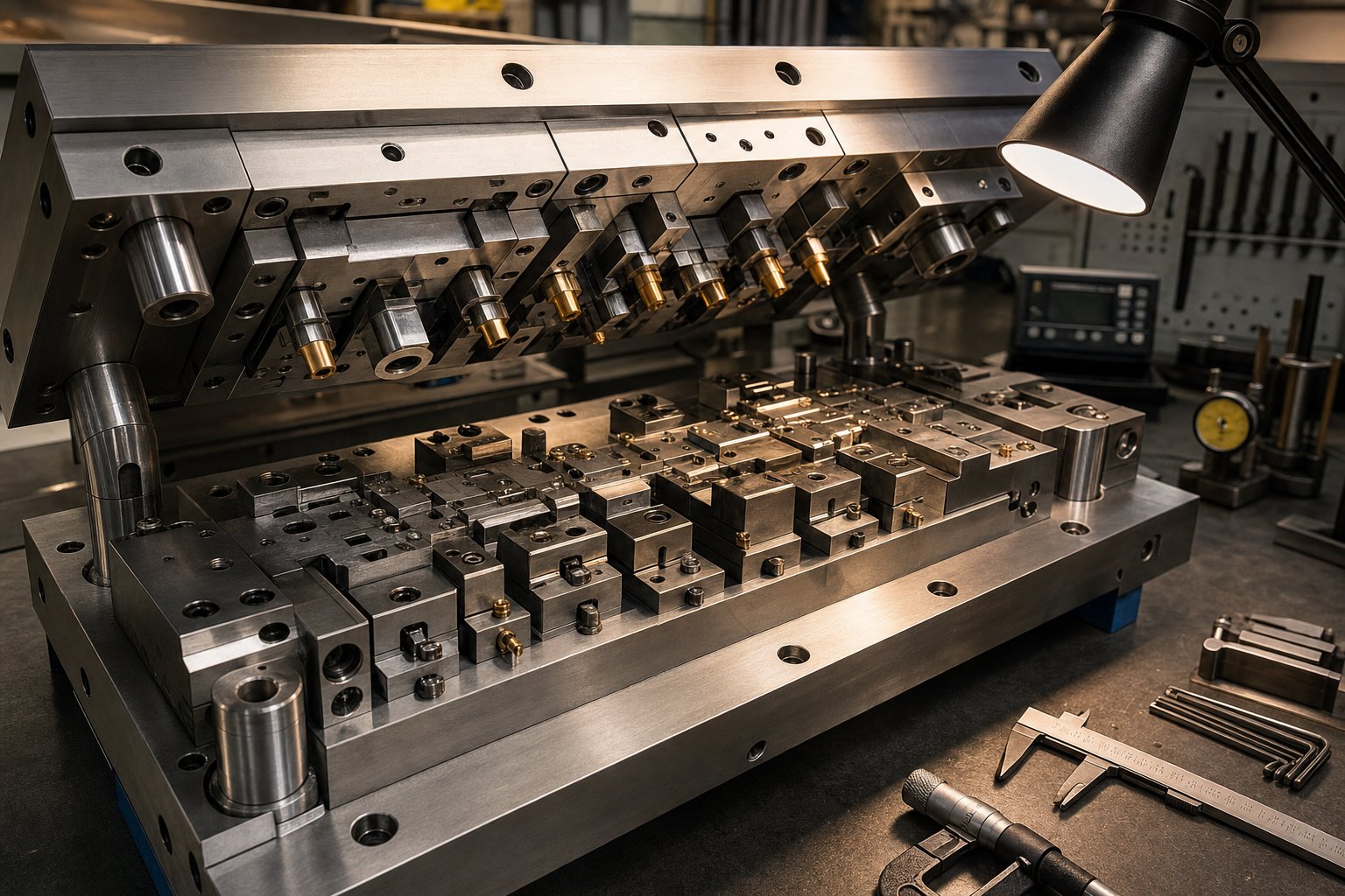 progressive stamping die set showing precision polished forming stations with specialized coatings for aluminum production