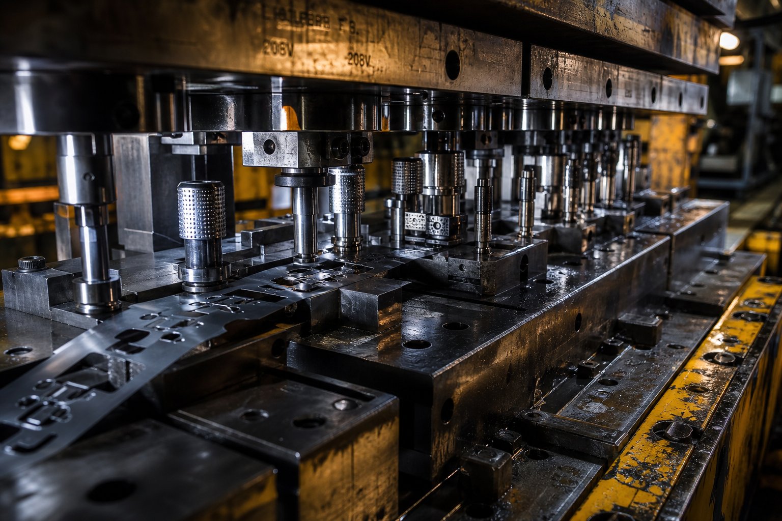 a progressive die with multiple stations processes a steel strip inside a stamping press producing finished parts with each stroke