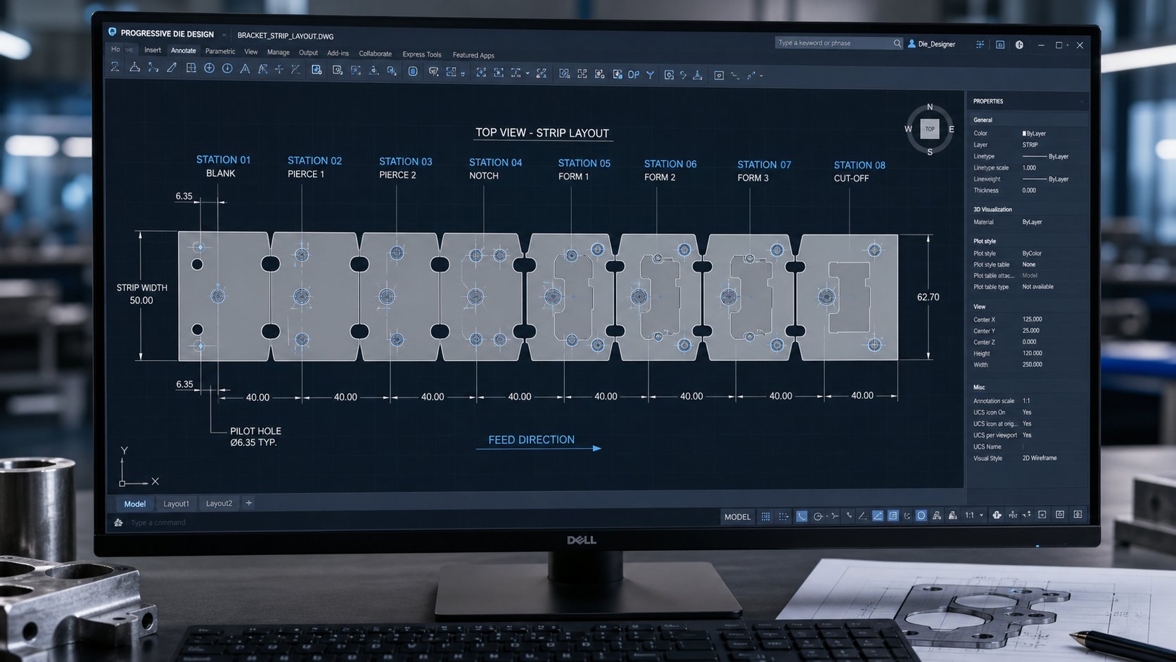 cad strip layout showing progressive die station sequencing with pilot holes forming stages and carrier bridges