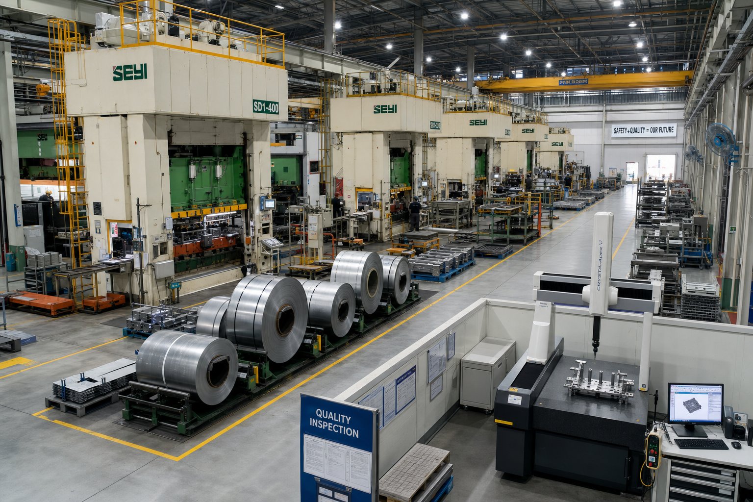 production floor with progressive die stamping presses and quality inspection equipment for high volume steel part manufacturing