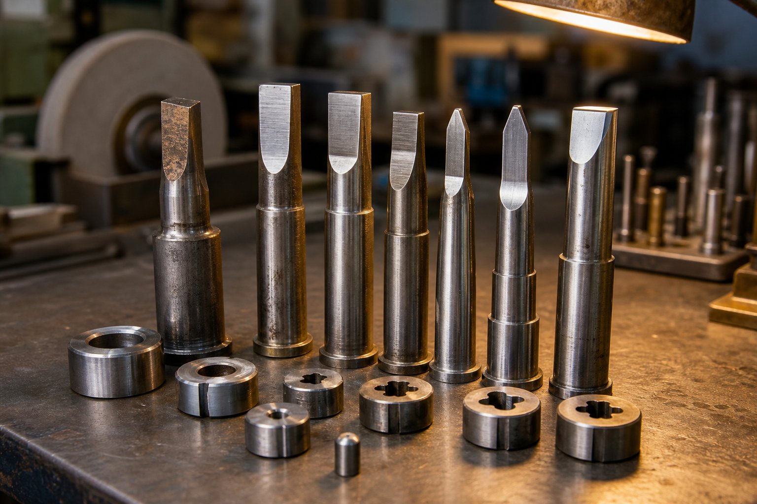 tool steel punches and carbide inserts showing wear patterns that determine sharpening intervals in steel stamping dies