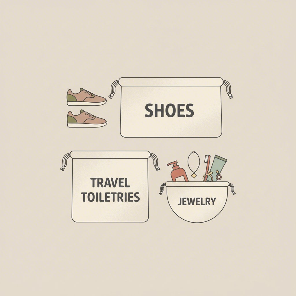 an illustration showcasing the versatile uses of cotton drawstring bags for organization