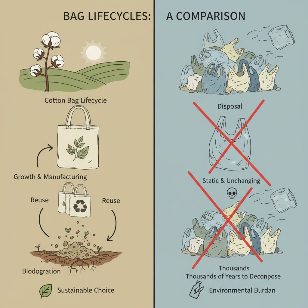 diagram comparing the sustainable lifecycle of a cotton bag to the environmental impact of plastic
