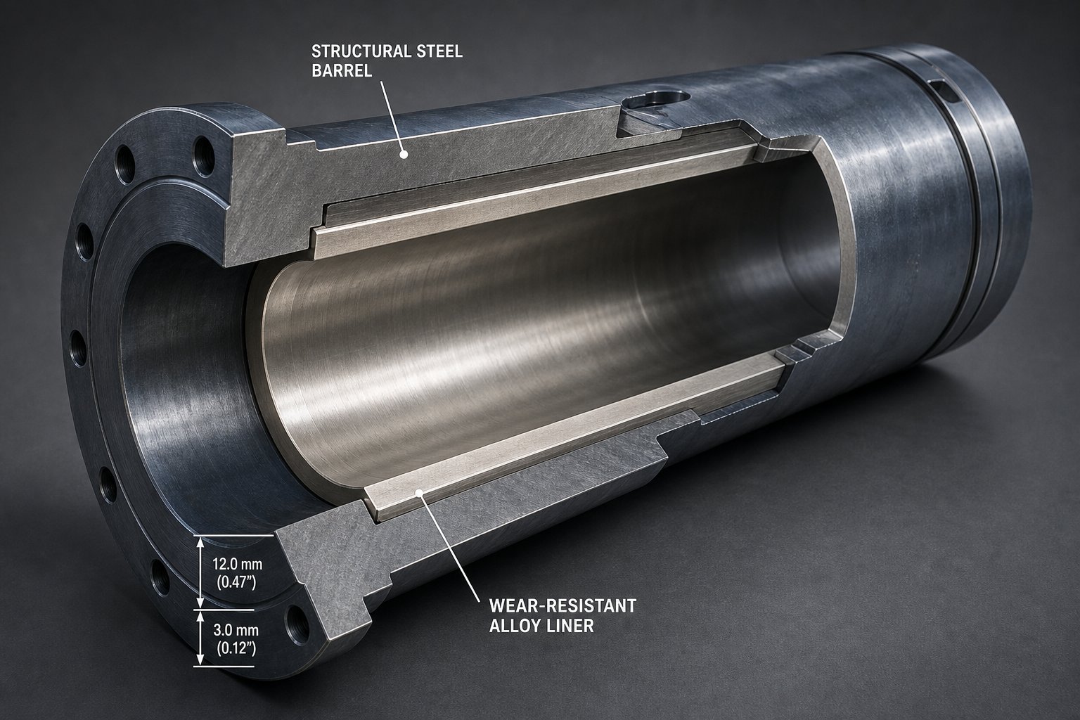 cross section of a bimetallic extrusion barrel showing the wear resistant alloy liner bonded to the structural steel shell