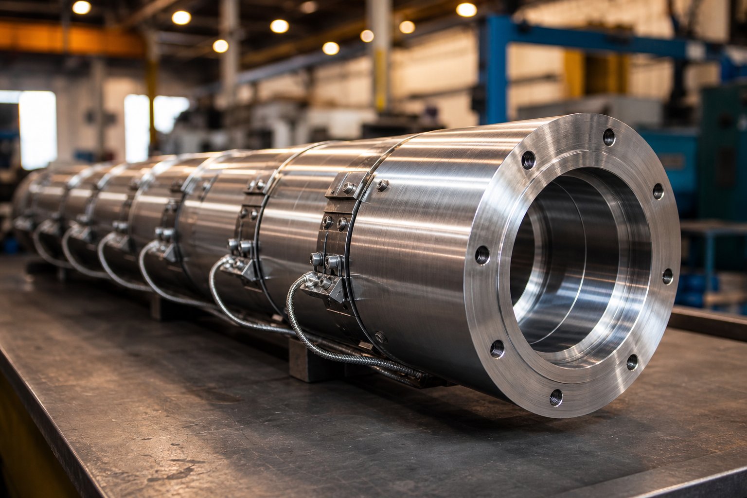 precision bored extrusion barrel with heater bands ready for installation in a polymer processing line