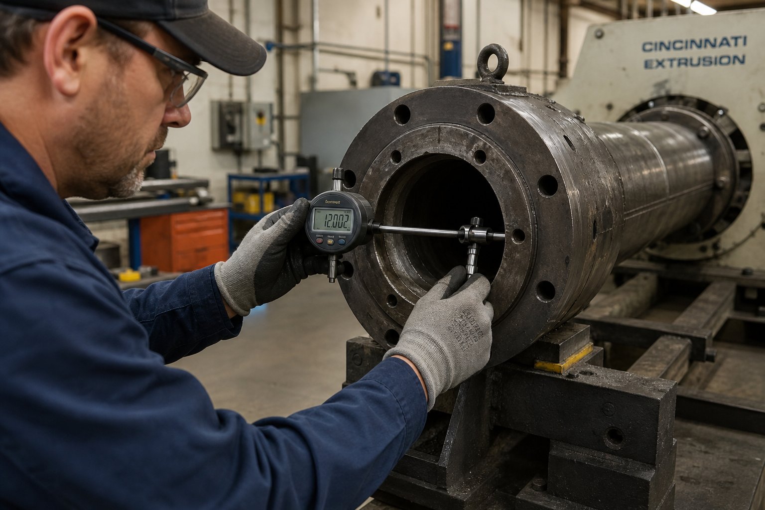 technician measuring bore diameter of an extrusion barrel during a scheduled wear inspection