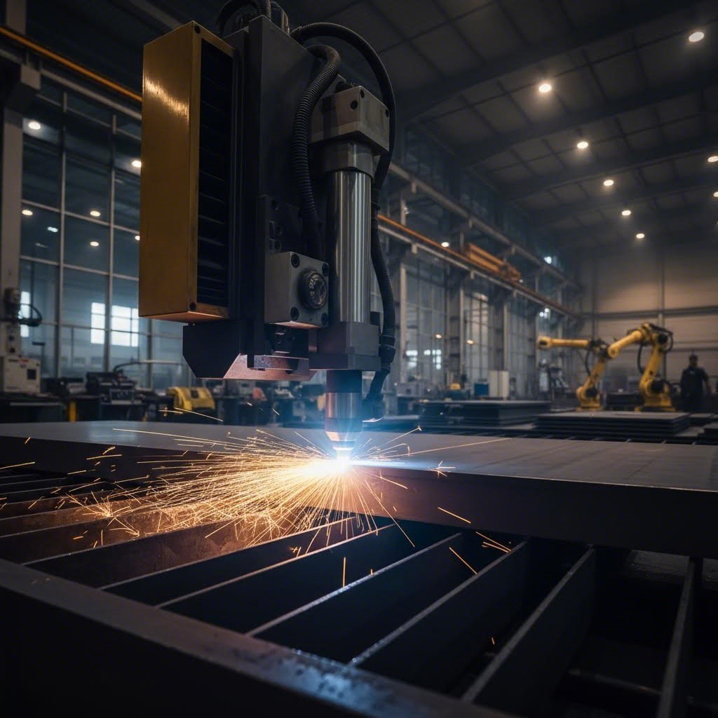 cnc plasma cutting machine producing precision cuts on steel plate in industrial fabrication facility
