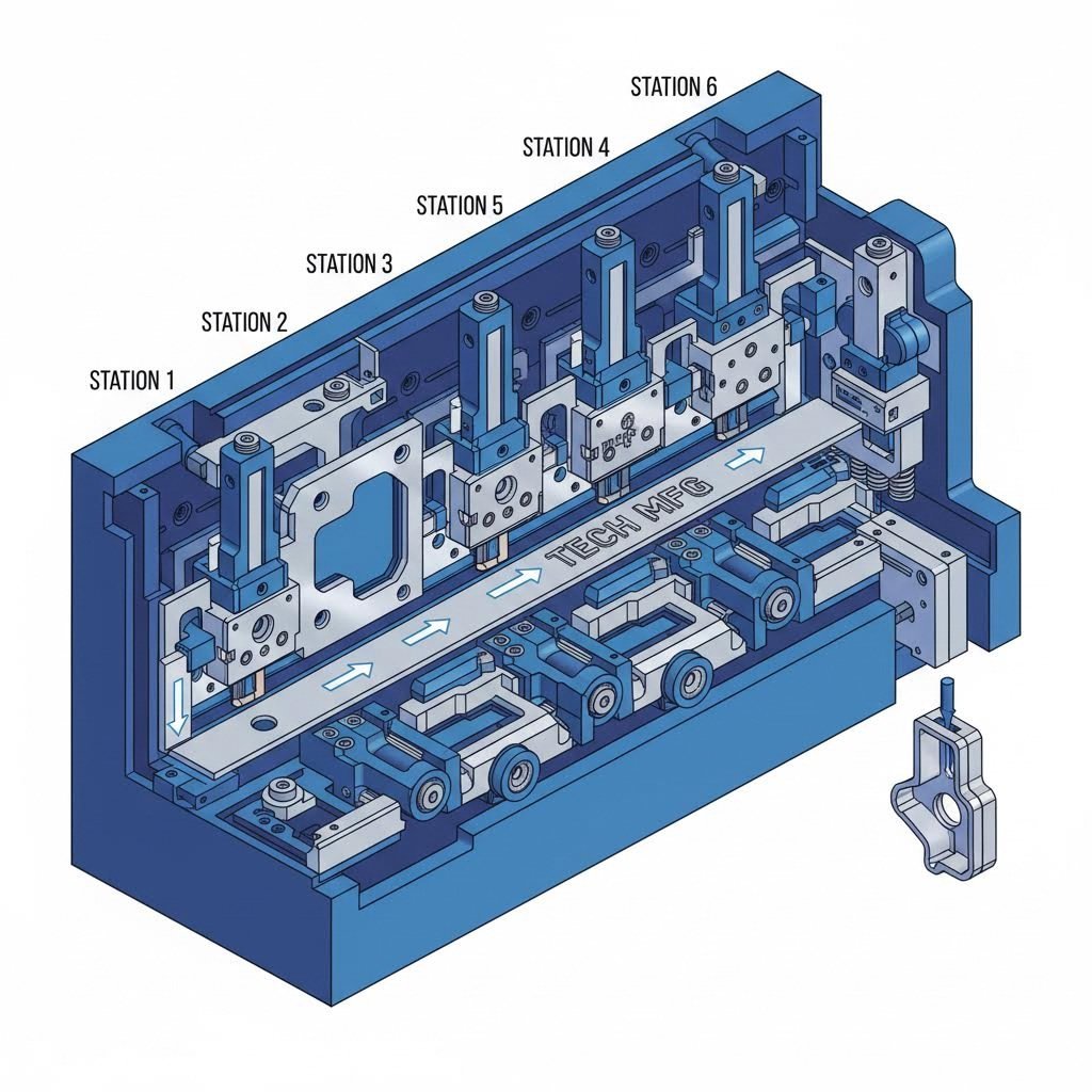 progressive die stations processing a continuous metal strip