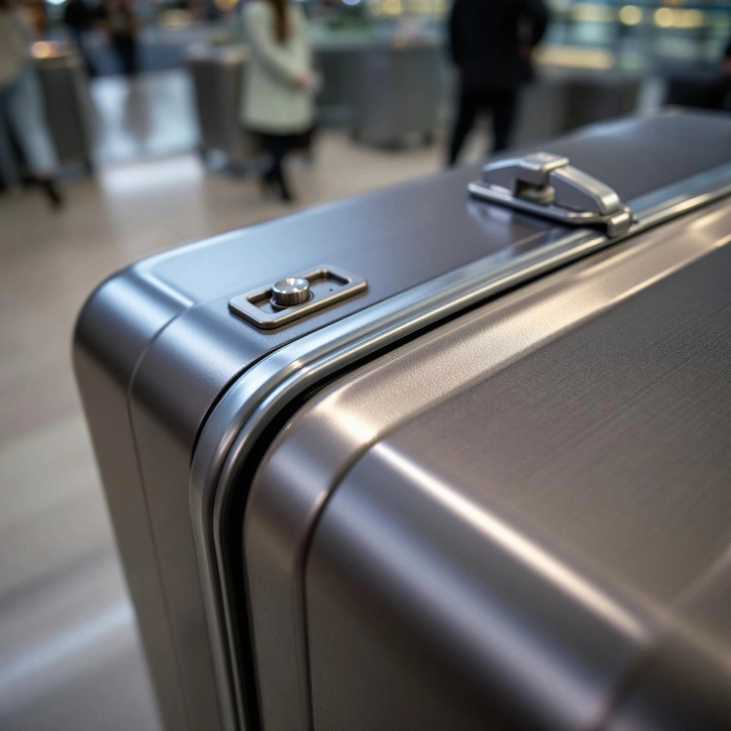 close up of a durable aluminum suitcase with secure latch closure