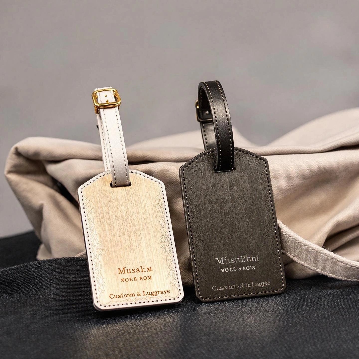 custom aluminum luggage tags attached to a travel bag for secure identification