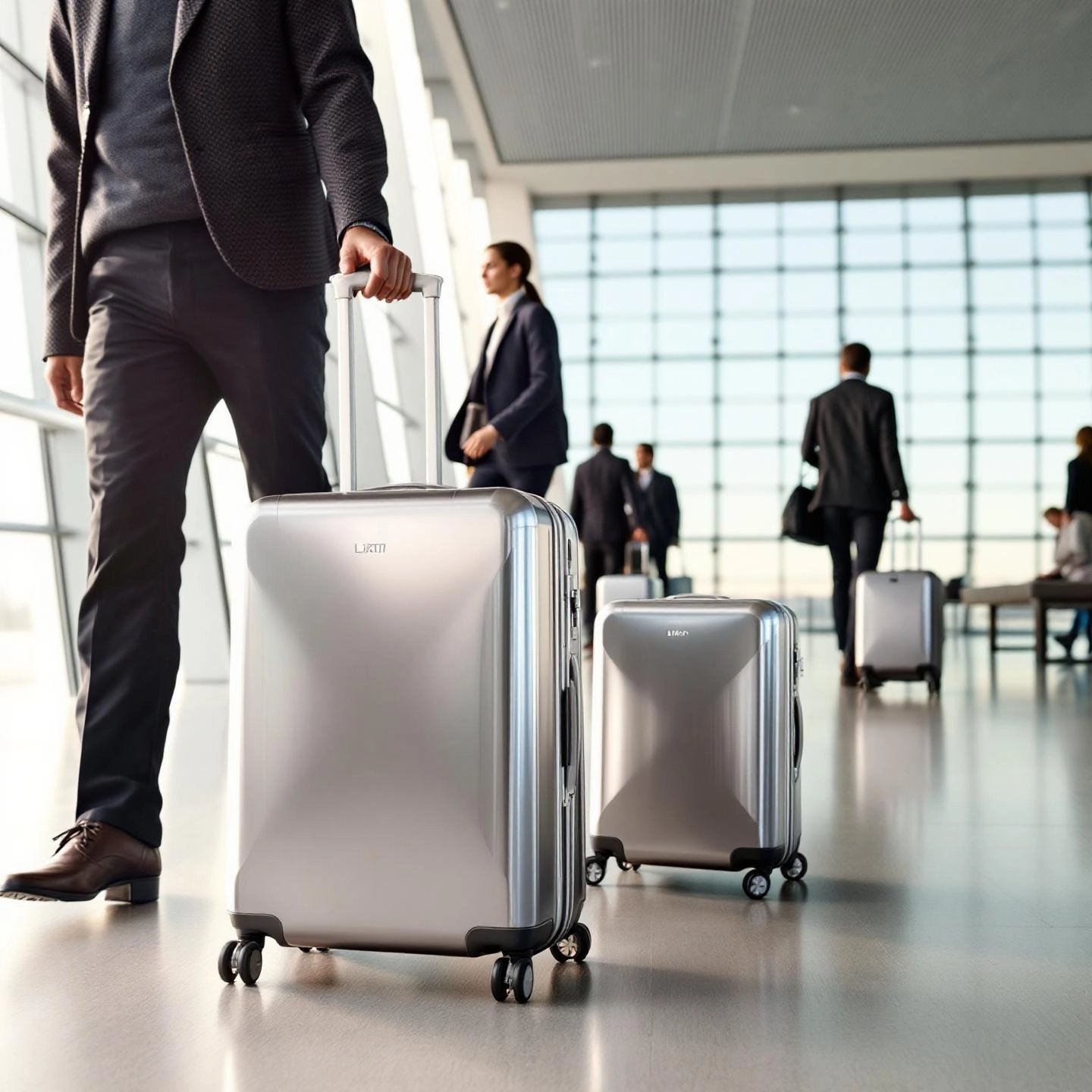 travelers with stylish aluminum luggage in a modern airport setting