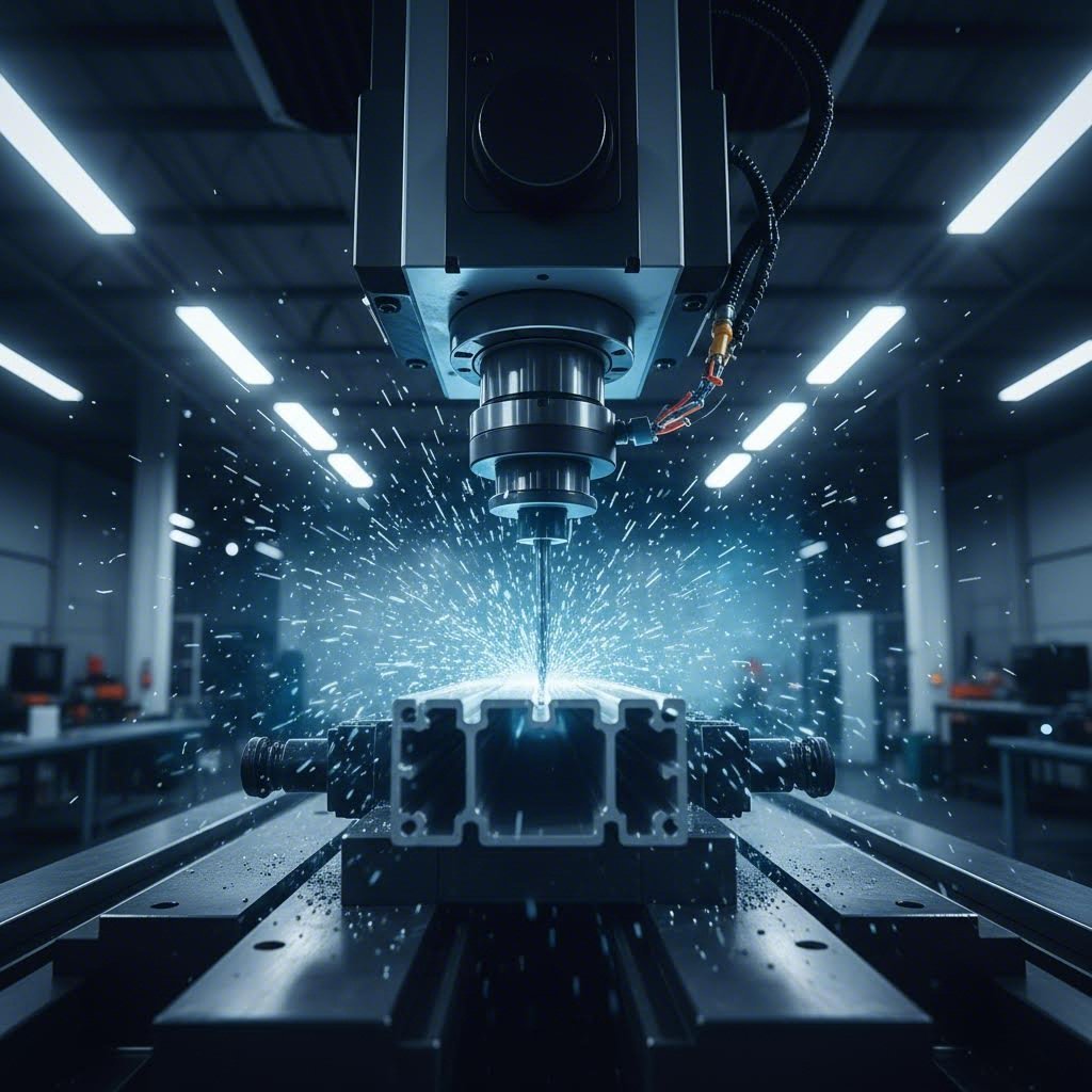 cnc machining center adding precision features to aluminum extrusion profile