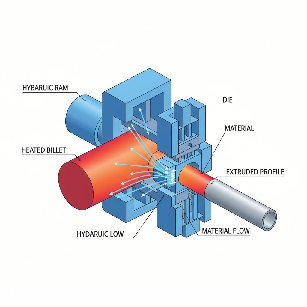 cross section view of aluminum billet flowing through extrusion die under hydraulic pressure