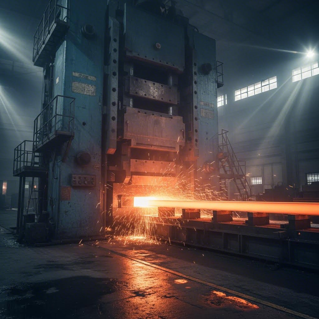 industrial aluminum extrusion press transforming heated billets into precision profiles