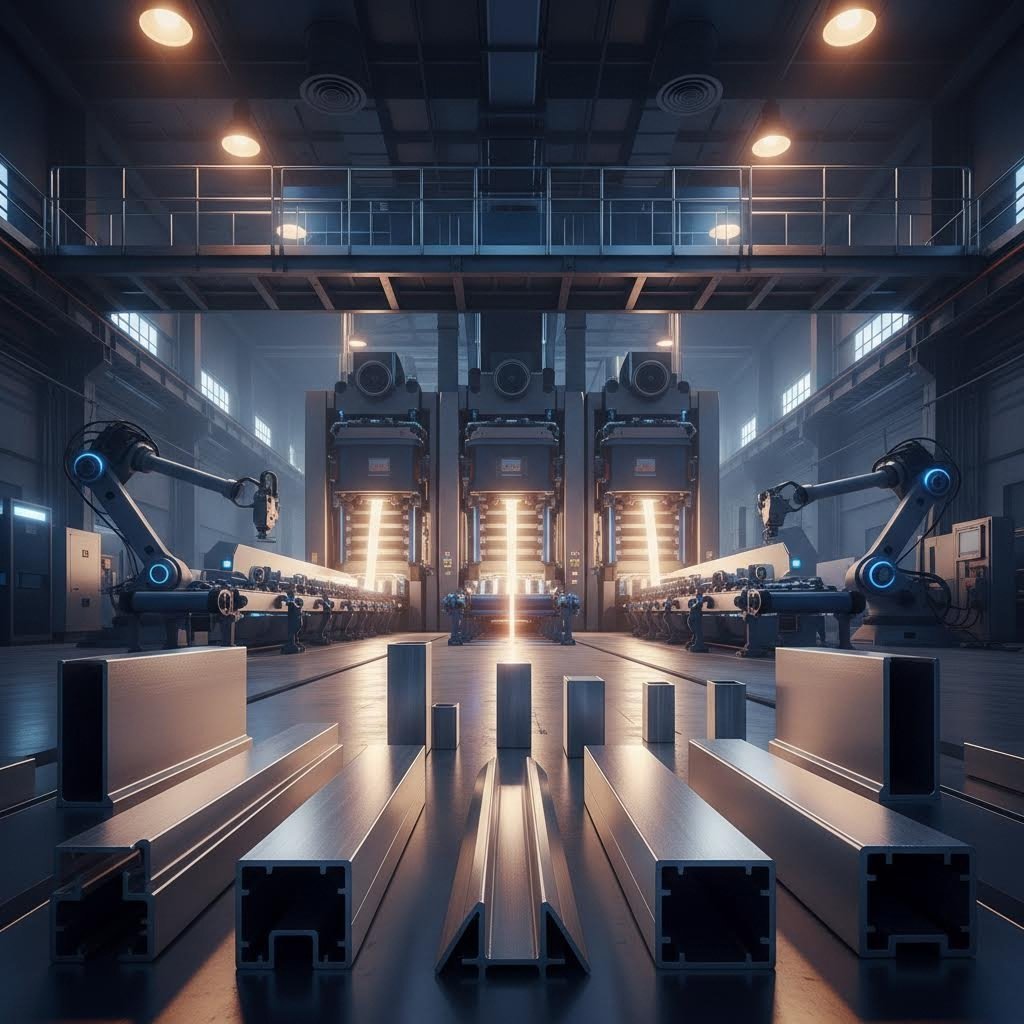 aluminum extrusion profiles being manufactured in an industrial facility