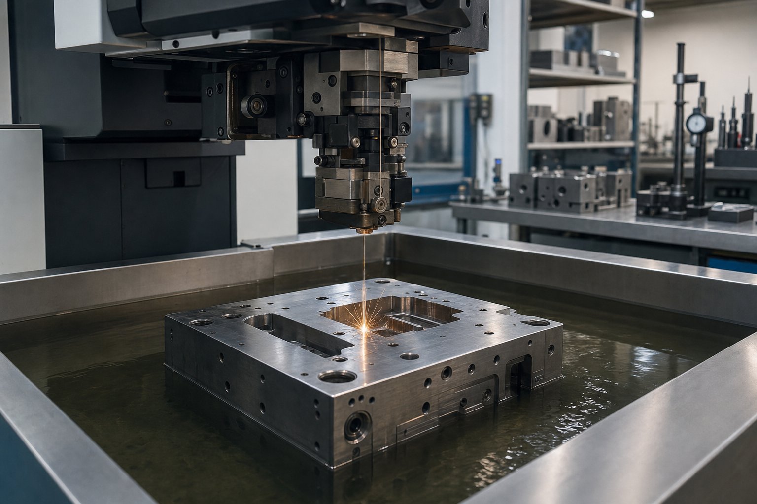 info-1-1 wire edm machining a hardened steel die block to micron level tolerances during die manufacturing