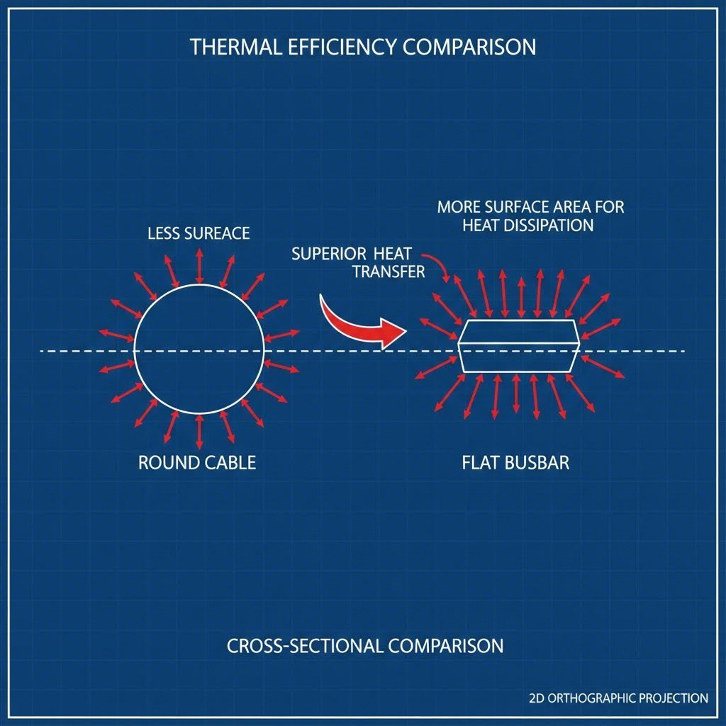Flat busbars offer superior heat dissipation compared to round cables