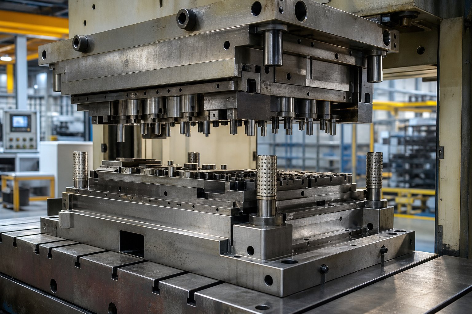 a progressive press stamping die assembly showing precision machined punches die plates and guide components