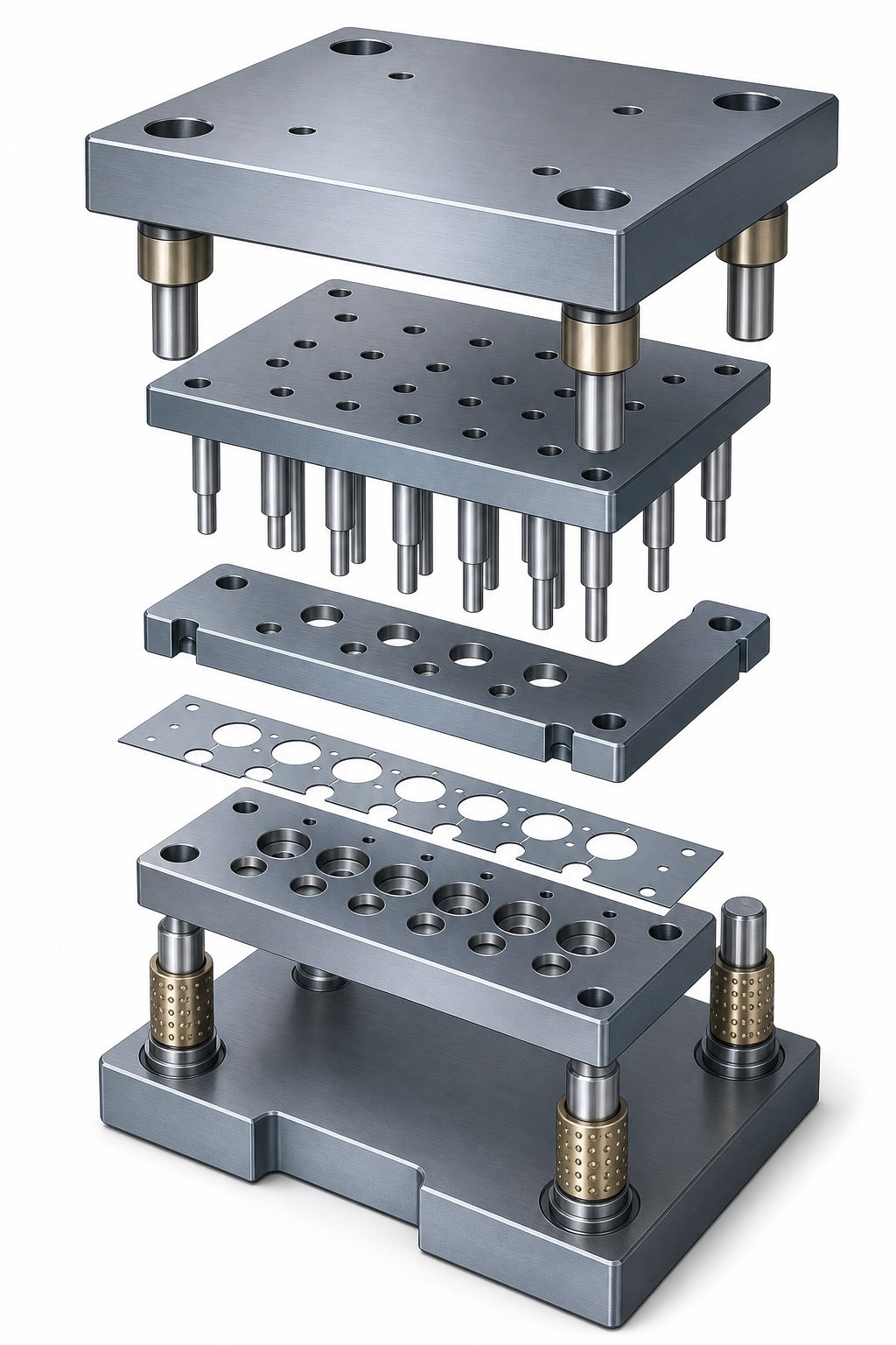 exploded view of a stamping die assembly showing the relationship between die shoes punches stripper plate and die plate