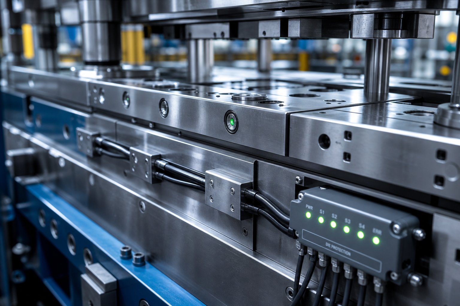 in die sensors embedded in a progressive stamping die enable real time monitoring of strip feed part ejection and forming force