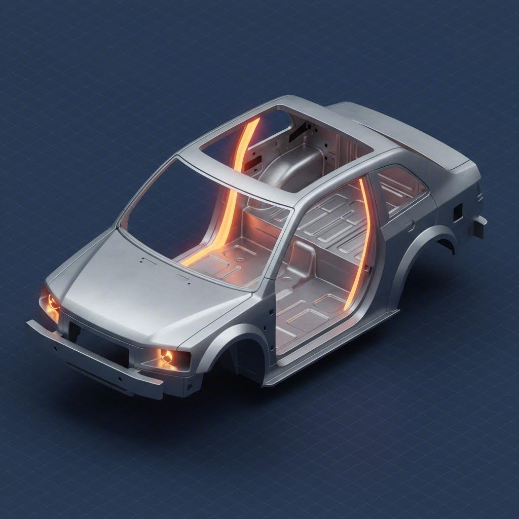 Diagram of automotive A B and C pillars within a vehicle body structure