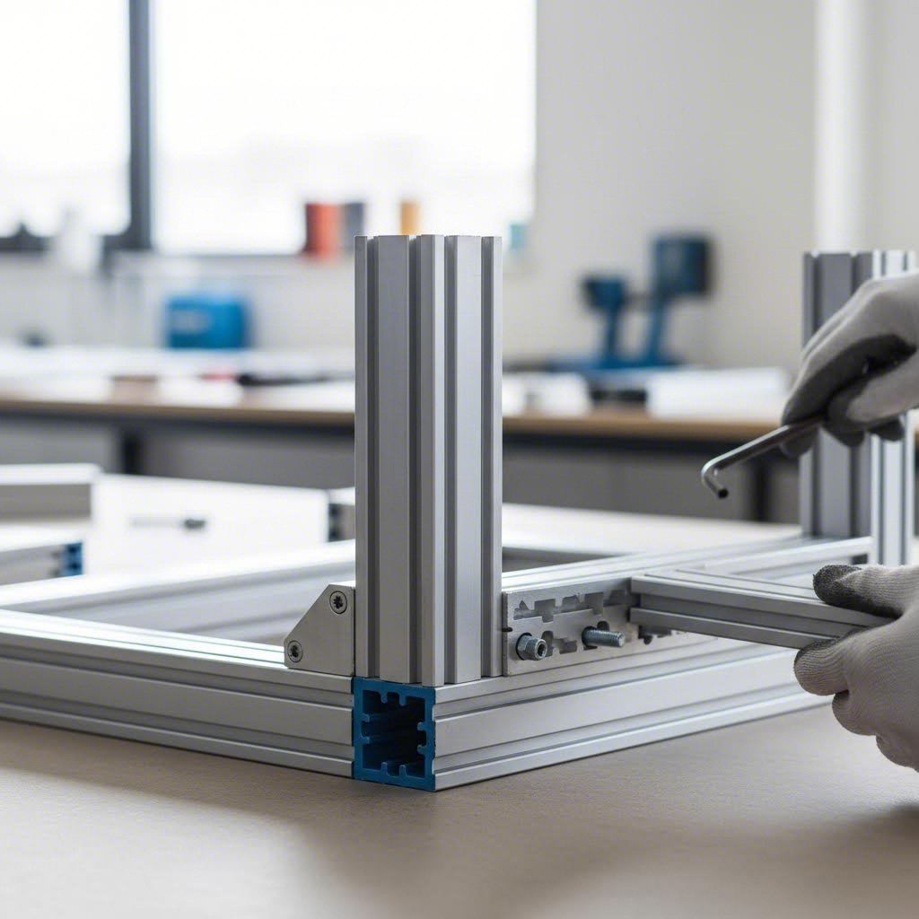 modular t slot aluminum framing system with connecting brackets and hardware