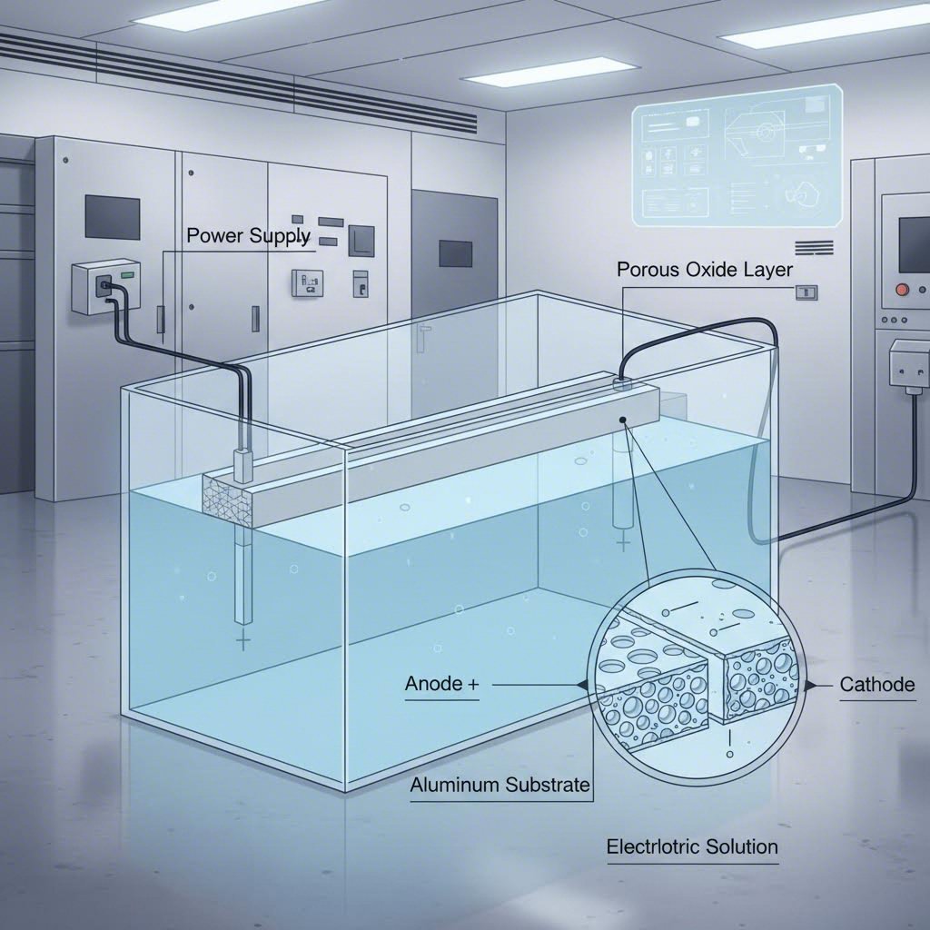 electrochemical anodizing process creating protective oxide layer on aluminum surface