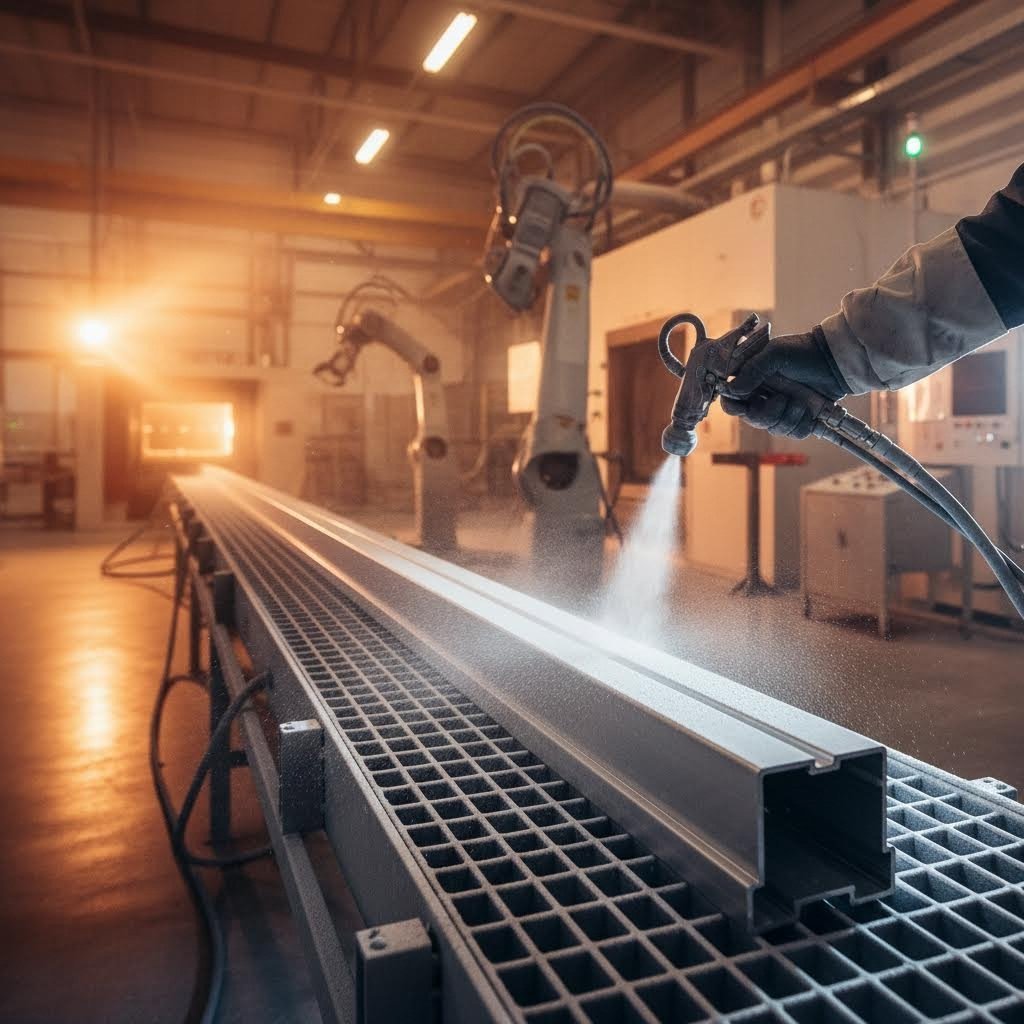 electrostatic powder coating application on aluminum extrusion profile