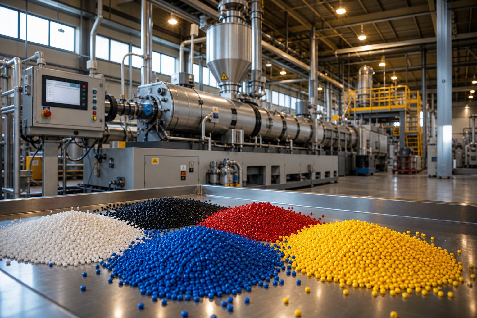 masterbatch production line with colorful concentrate pellets ready for plastics processing