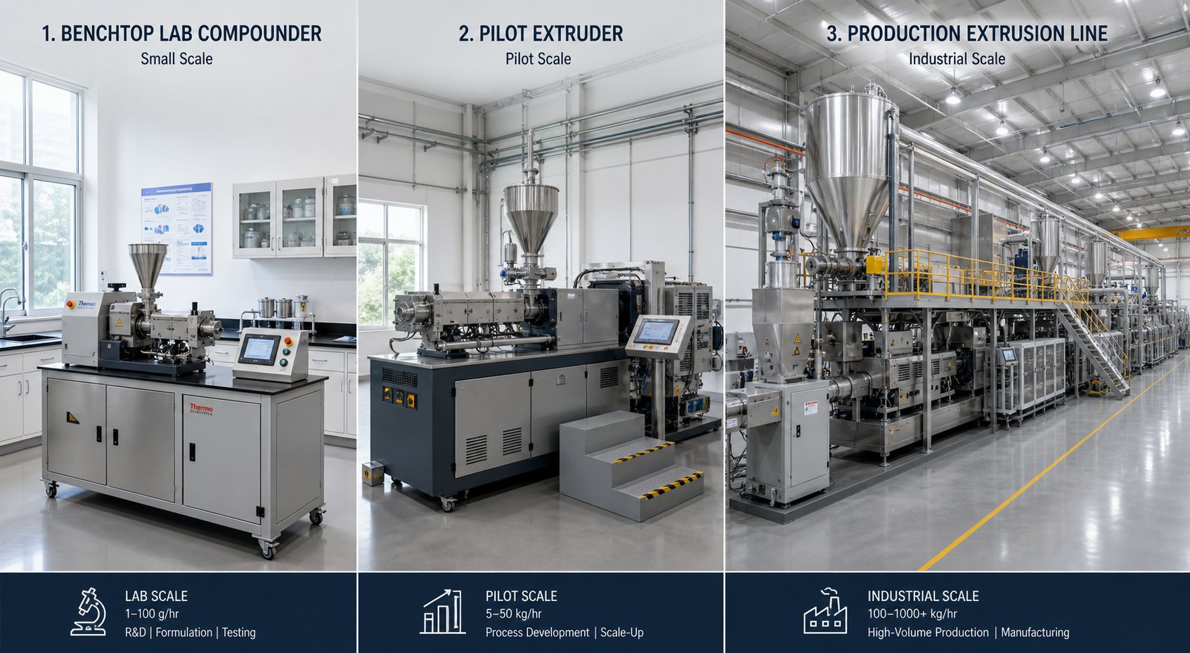 masterbatch scale up progression from lab compounder to pilot extruder to full production line