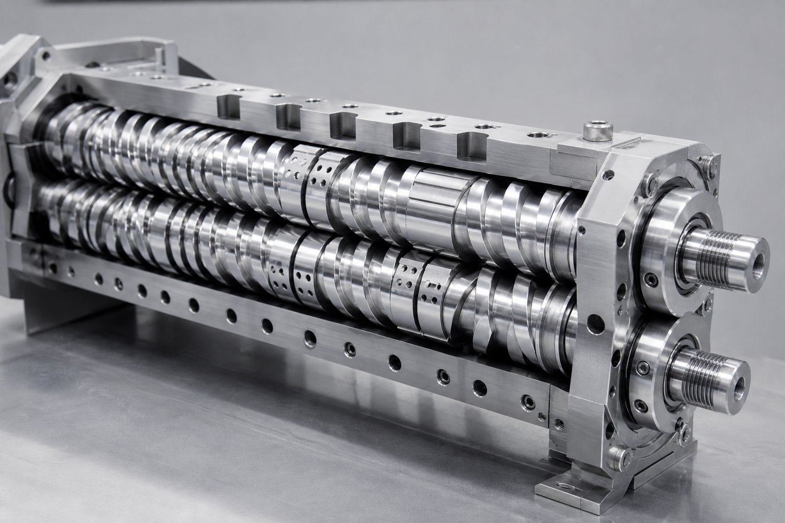 modular twin screw elements and barrel assembly used in masterbatch compounding extruders