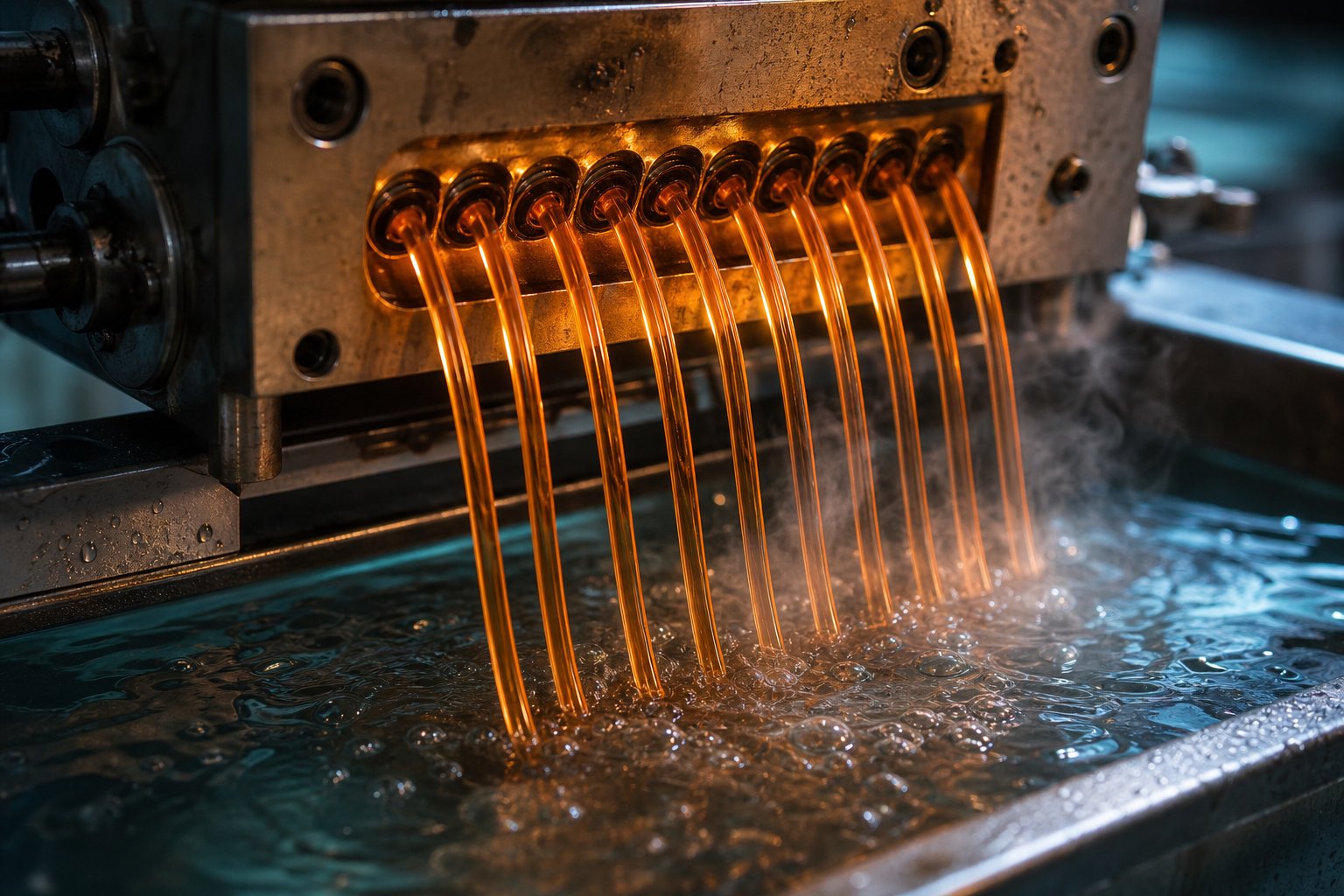 molten masterbatch strands exiting the extruder die plate before cooling and pelletizing