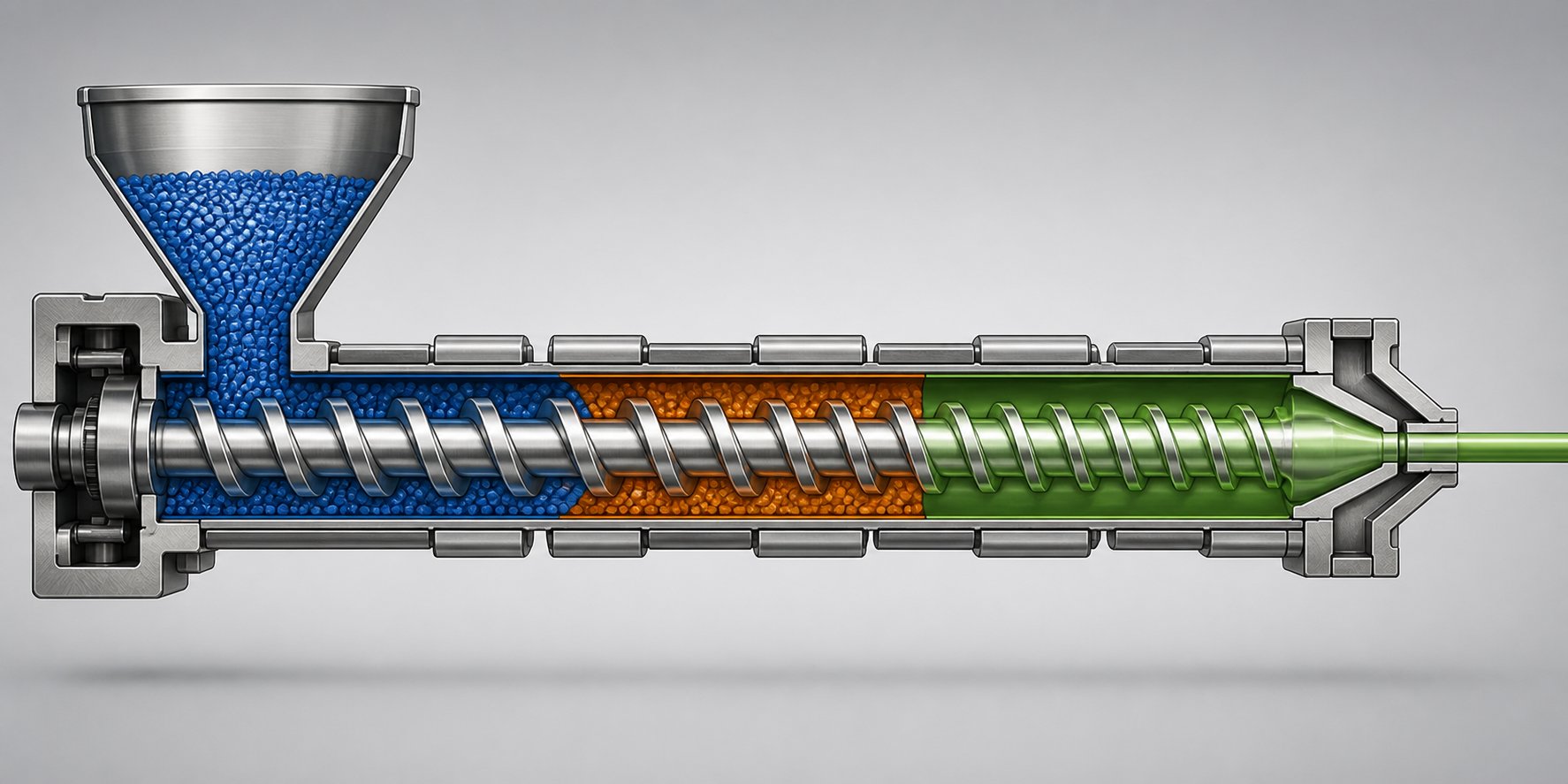 cutaway view of a single screw extruder showing the feed compression and metering zones