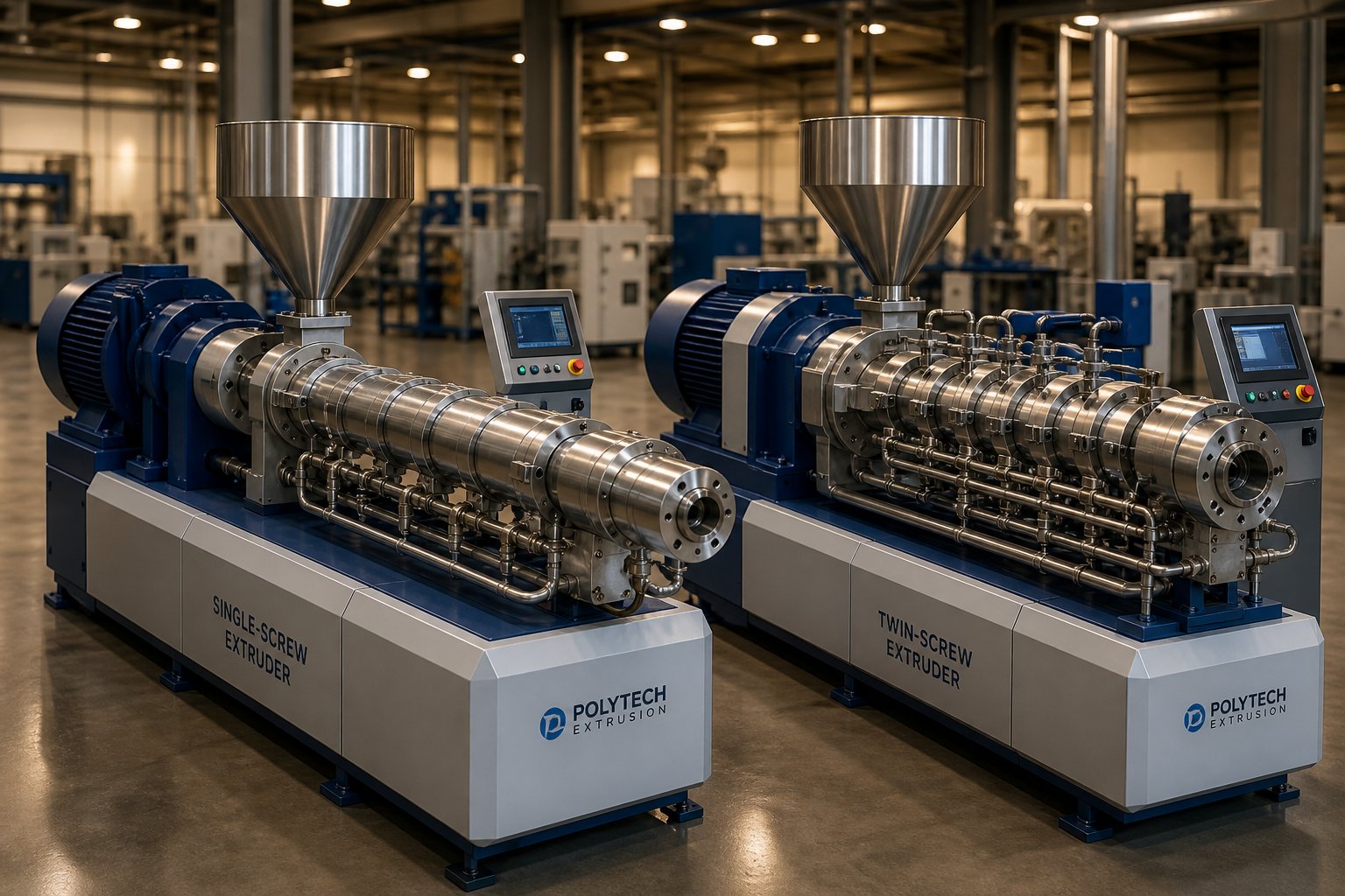 single screw extruder and twin screw extruder side by side in a modern plastics processing facility
