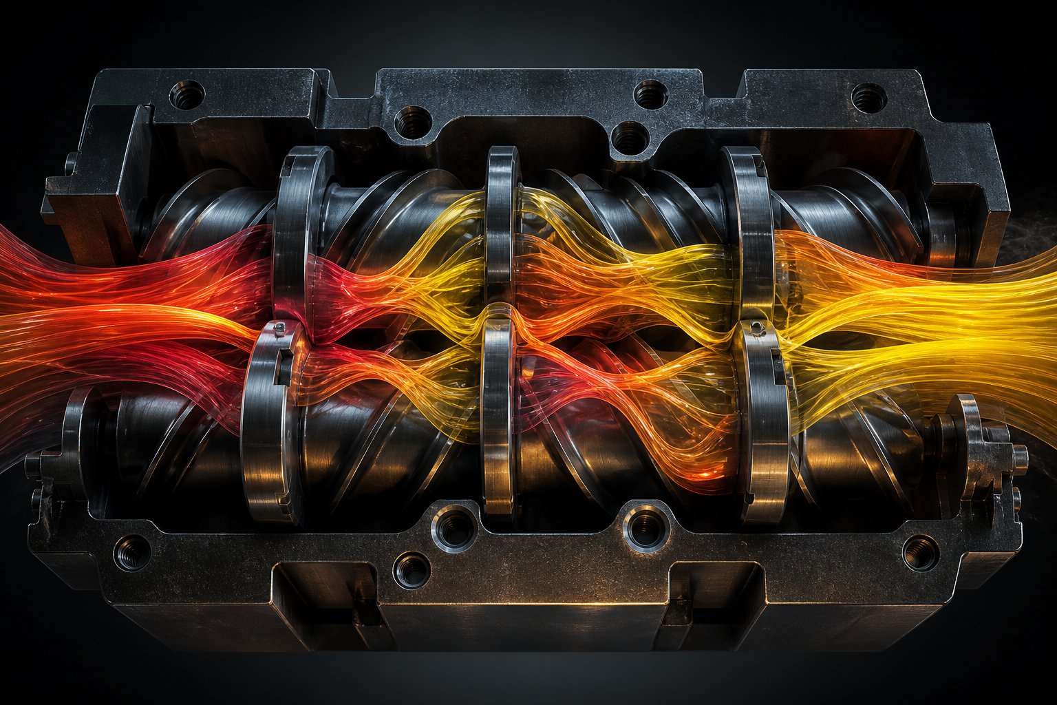 visualization of polymer melt mixing through intermeshing twin screw kneading elements