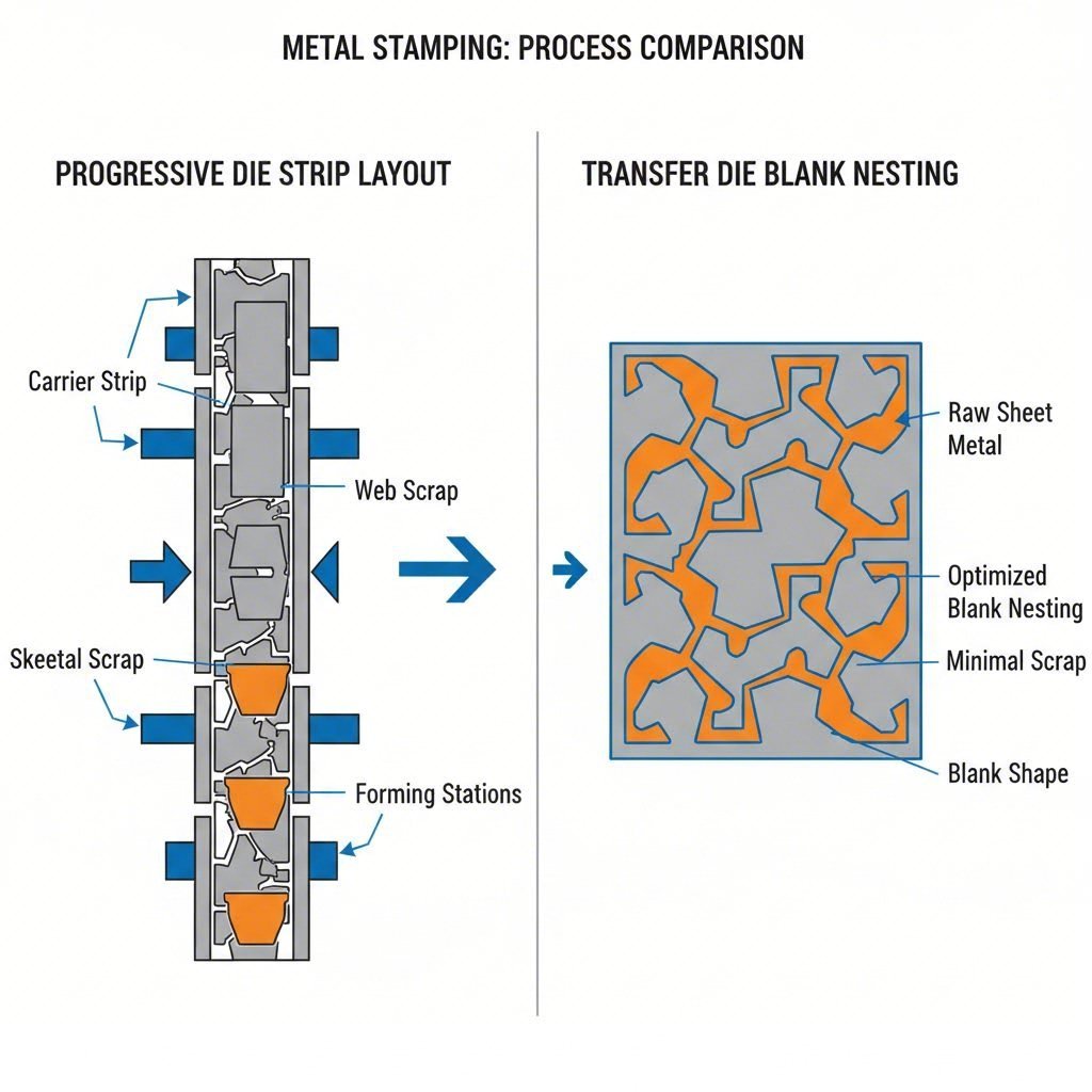 Comparison of progressive die carrier strip vs optimized transfer die blank nesting