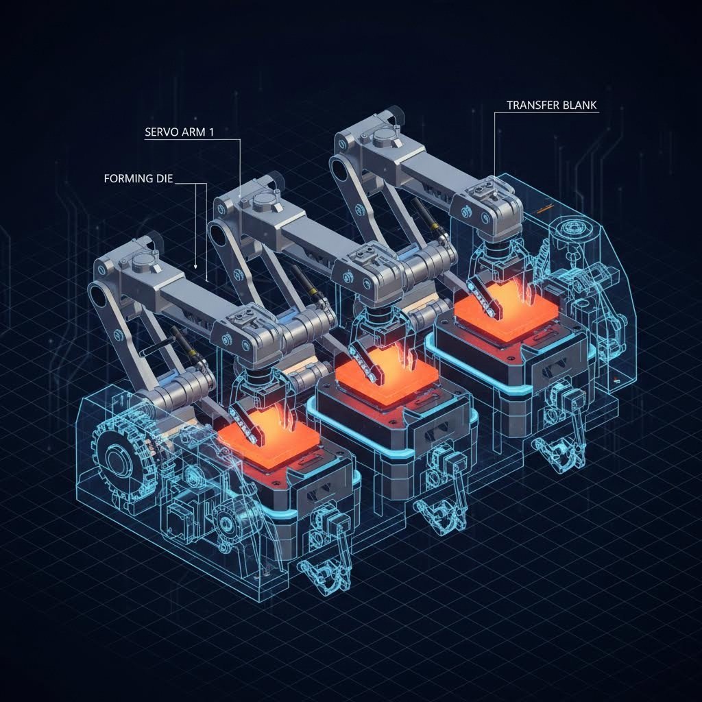 Mechanical transfer arms moving metal blanks between die stations in an automotive stamping press
