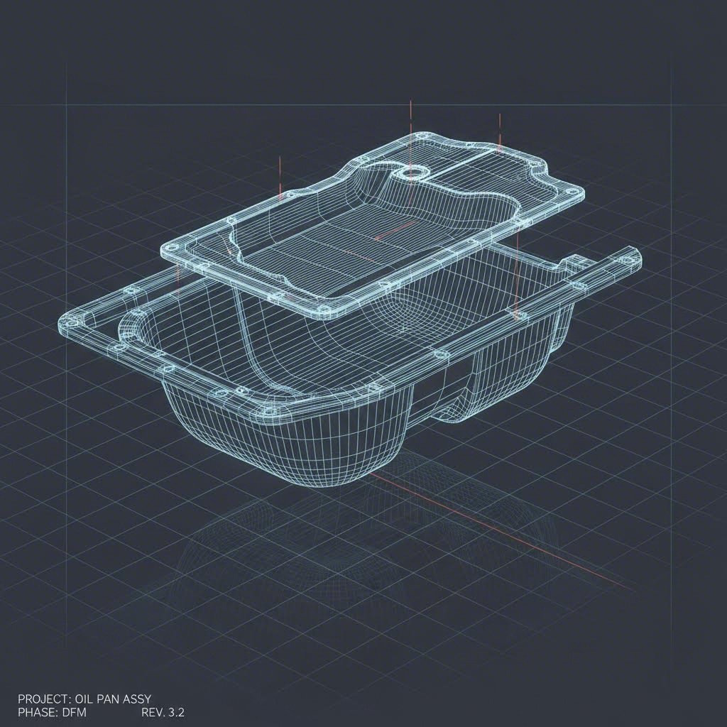 Wireframe of a deep drawn automotive component showing complex geometries achievable with transfer dies