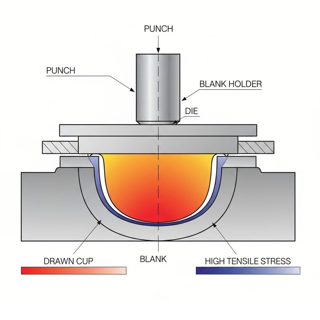 Cross section diagram illustrating tensile and compressive stresses during the deep draw stamping process