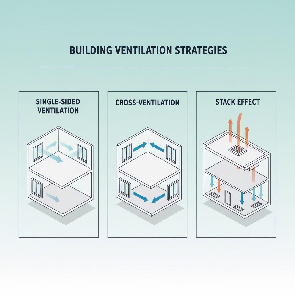 three natural ventilation principles single sided cross ventilation and stack effect