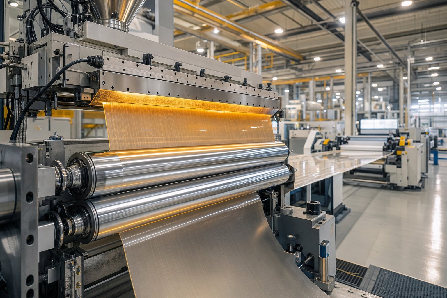 a modern sheet extrusion line producing continuous thermoplastic sheet from flat die through polishing roll stack