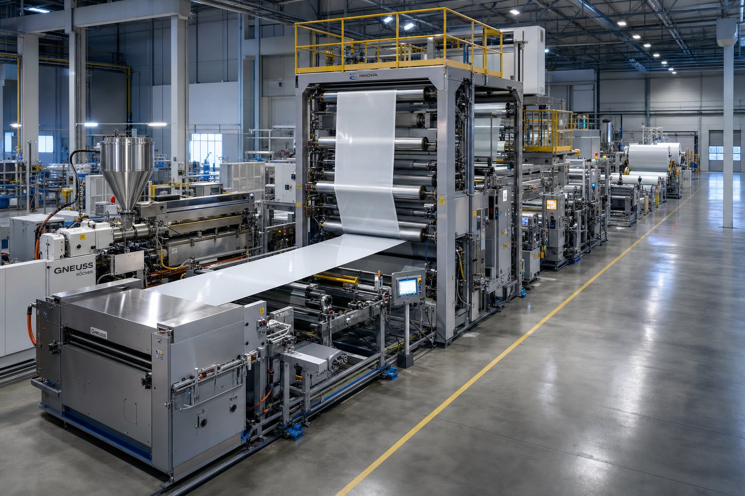 complete high performance sheet extrusion line from extruder to winding station in a modern plastics production facility