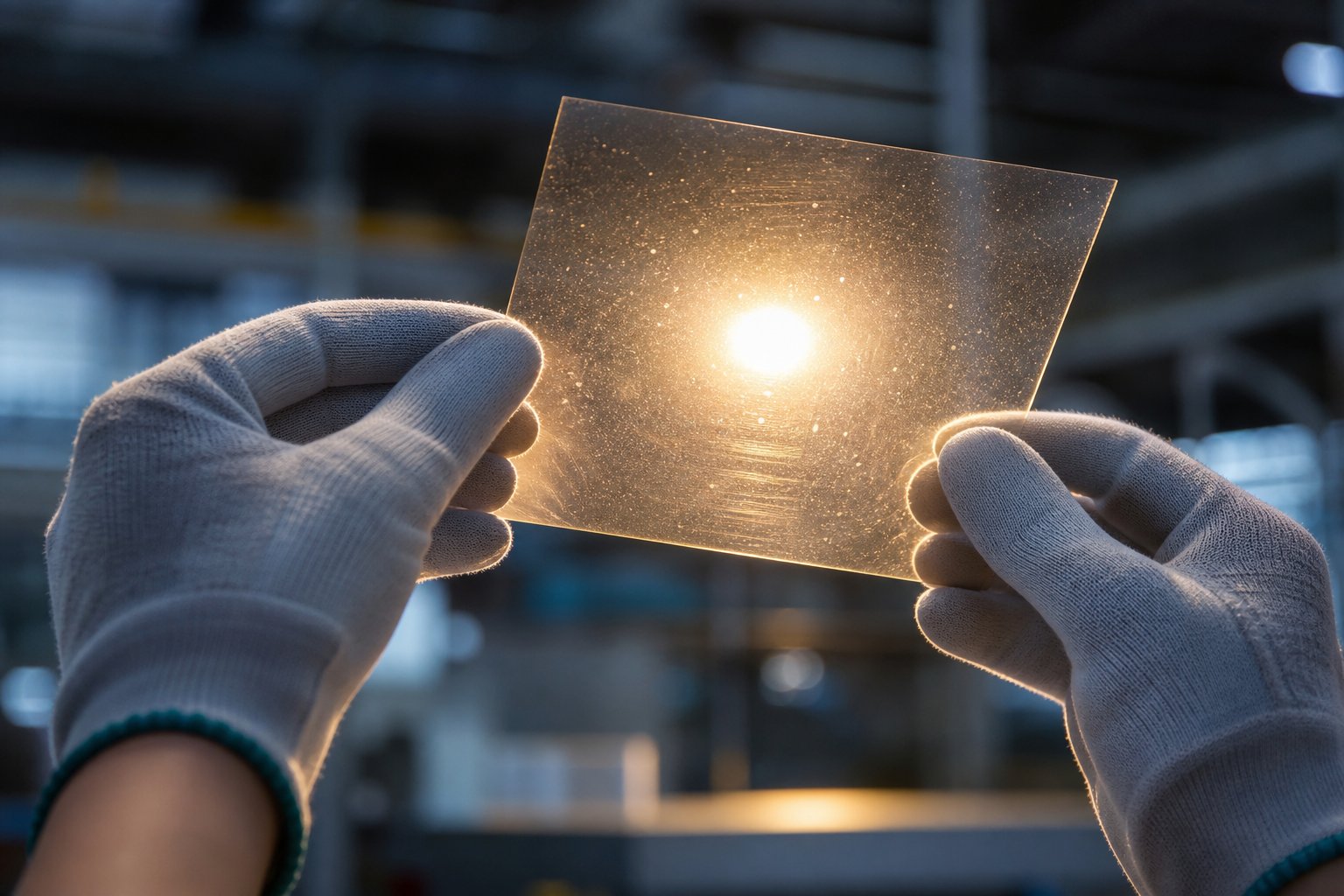 quality inspector examining extruded plastic sheet under backlight to identify surface defects such as gels and streaks