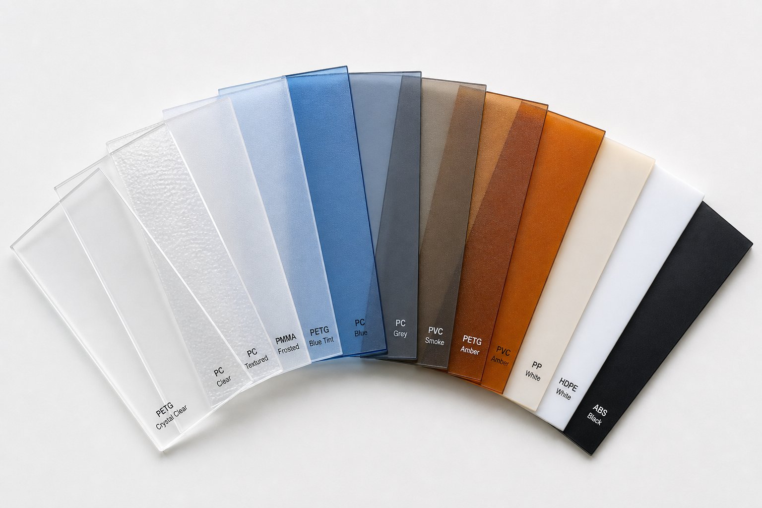 variety of extruded thermoplastic sheets representing different polymer families used across packaging and industrial applications