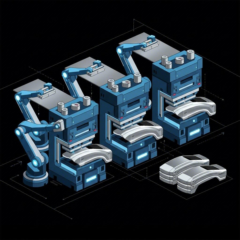 Automotive stamping line transforming sheet metal into curved fenders